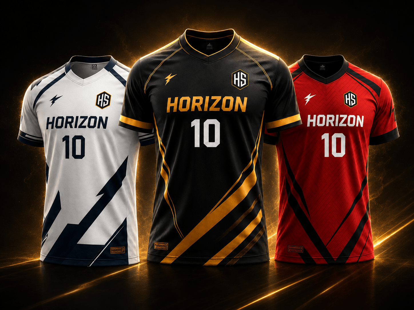 Three Horizon Sports custom jerseys in white, black, and red