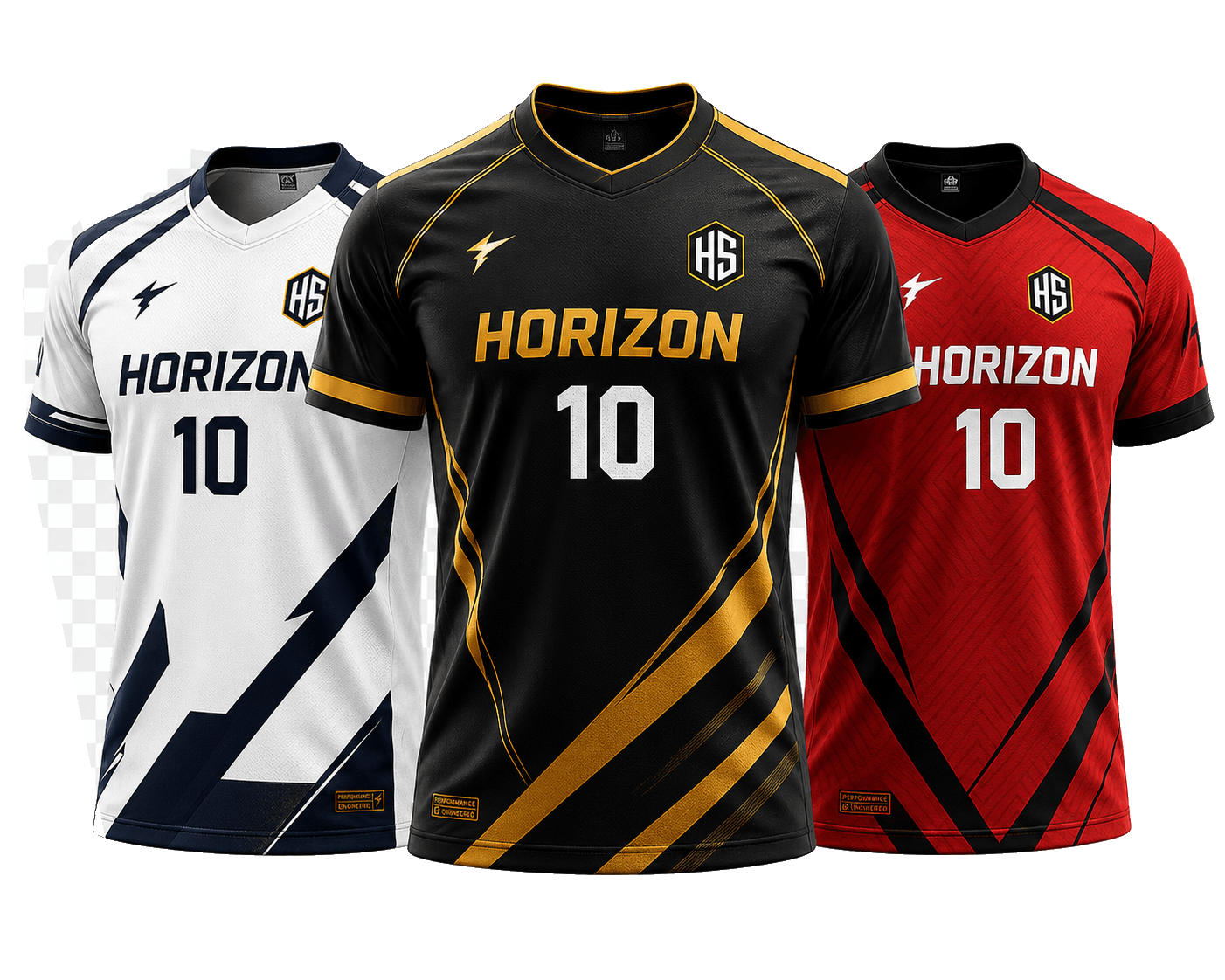 Three Horizon Sports custom jerseys in white, black, and red